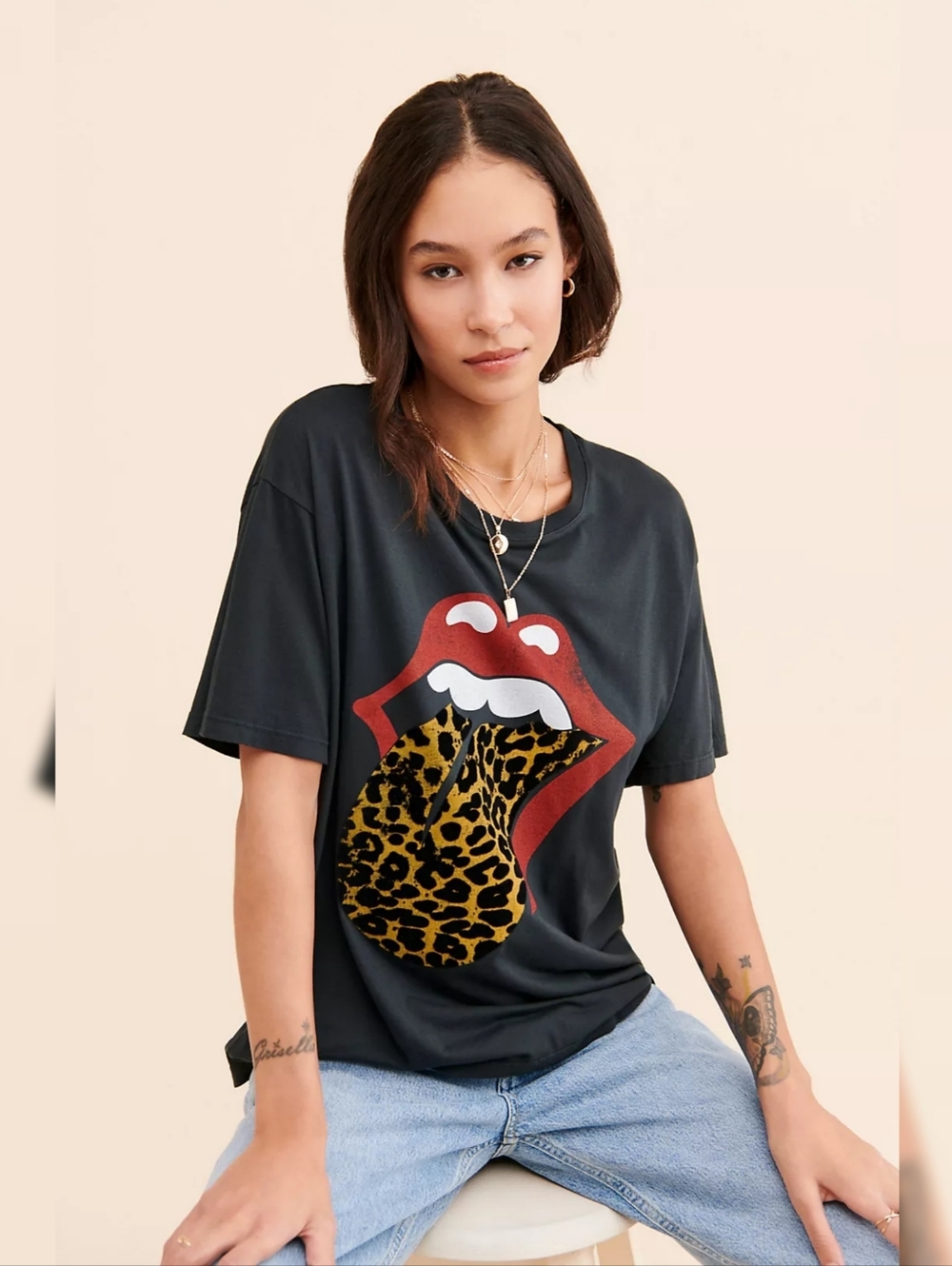 DAYDREAMER Stones Flocked Leopard Tongue Tee Gray Women's Size Medium